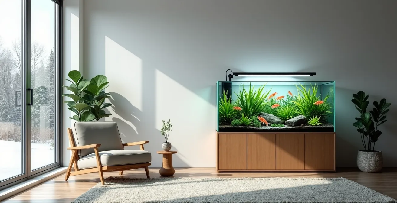 Aquarium planté créant une ambiance apaisante dans un salon
