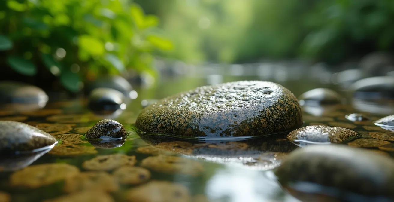 Reconstitution d'un biotope de rivière française dans un aquarium avec roches et plantes aquatiques