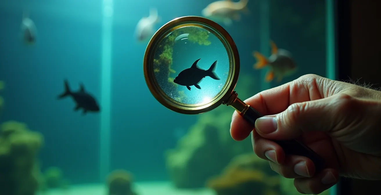 Main tenant une loupe devant un aquarium pour observer le comportement des poissons