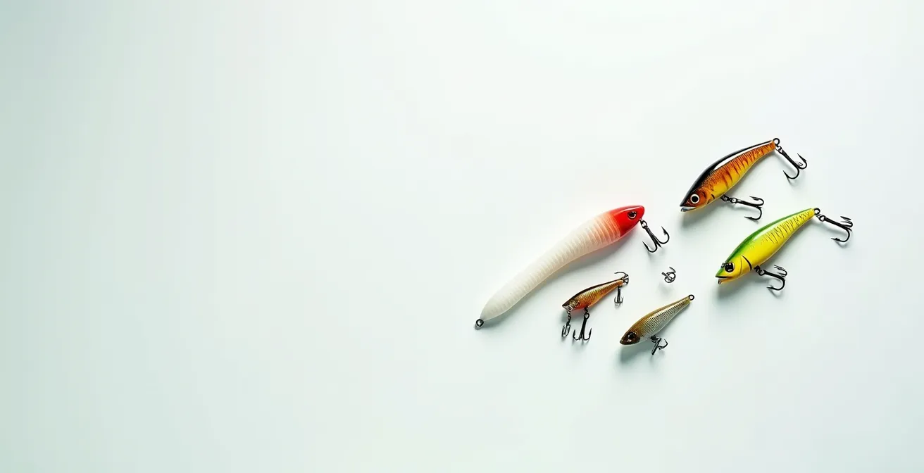 Aquarium vu du dessus avec différents leurres de pêche posés à côté pour tests comparatifs